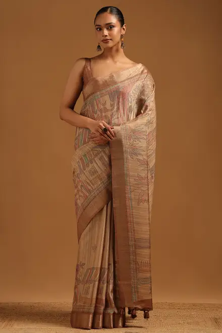 Beige Tussar Botanical Saree